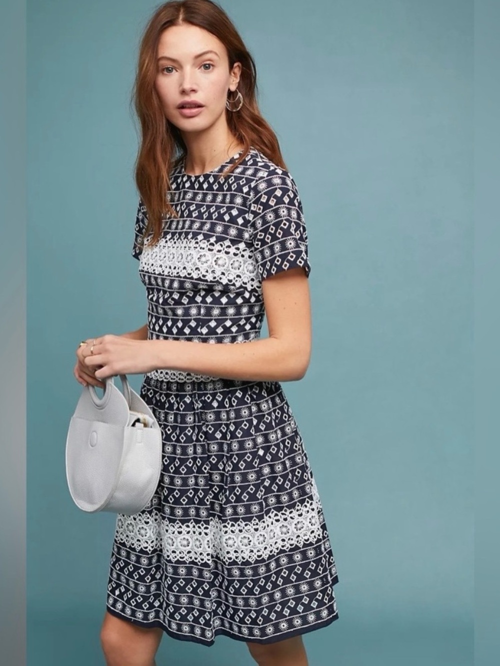Anthropologie ML Monique Lhuillier Navy and White Fit-and-Flare Mini Dress
